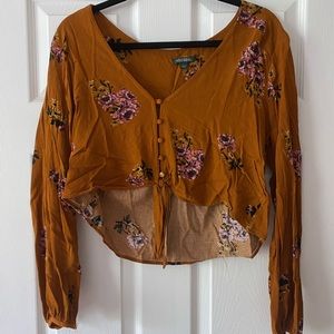Orange and Floral Long Sleeve Tie Crop Top